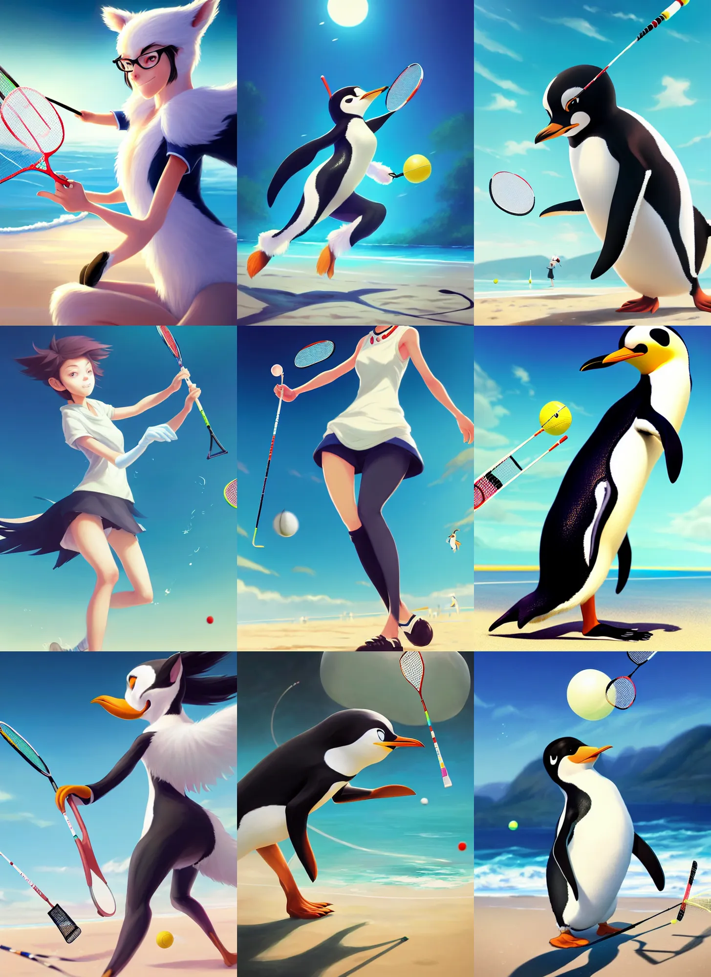 Prompt: beautiful portrait of a female anthropomorphic penguin fursona playing badminton. beach background. character design by disney, charlie bowater, ross tran, artgerm, and makoto shinkai, detailed, soft lighting, rendered in octane