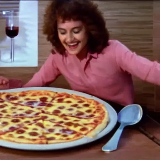 Prompt: a still from a pizza commercial, cheese stretches off a slice 1 9 8 0 s