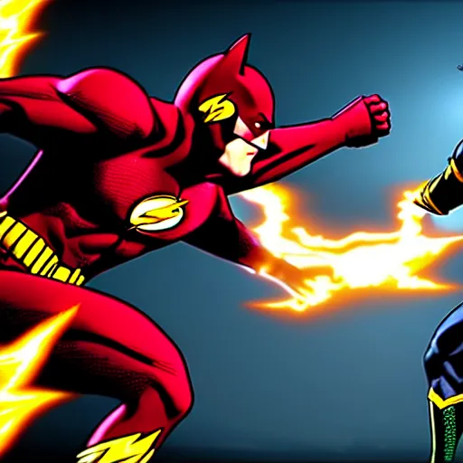 Prompt: ultra detailed fight between batman and the flash, unreal engine, extremely detailed, epic, dark, highly realistic, spiritual masterpiece, beautiful