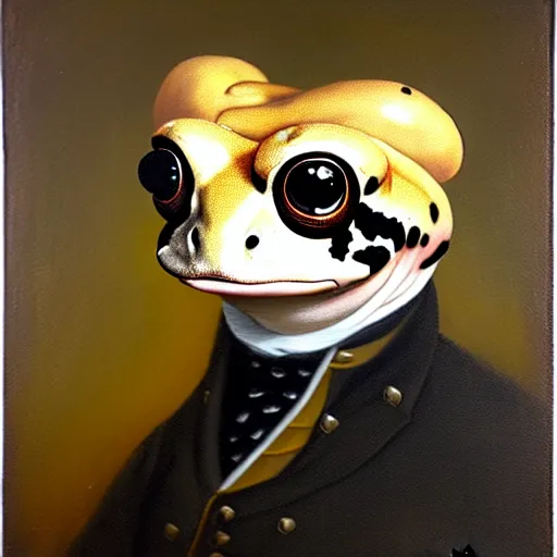 Prompt: a head and shoulders portrait painting of an anthropomorphic! amazon milk frog wearing a colonial outfit without a hat looking off camera, a character portrait, american romanticism, oil on canvas, soft focus