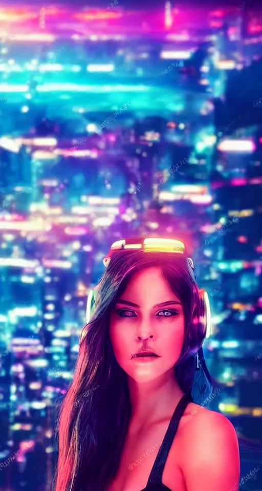 Image similar to Portrait of a beautiful cyberpunk women, city skyline on background, neon lights, glow, retrowave style