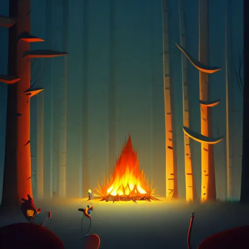 Prompt: goro fujita ilustration a dark forest illuminated by a large cozy bonfire, painting by goro fujita, sharp focus, highly detailed, artstation