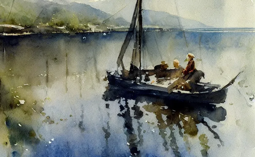 Image similar to watercolor lanscape by anders zorn, very very very very beautiful art, dramatic light, water reflections, aquarelle paint splashes and drips, drops