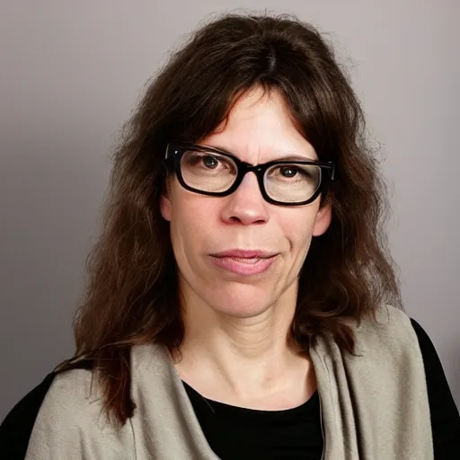 Prompt: 4 5 year old french and swedish woman, brown hair!, looks like lili taylor and adrienne barbeau, nerdy music teacher with phd, labile temper, drinks bourbon, wears oprah glasses, from wheaton illinois