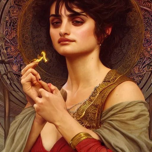 Image similar to Penelope cruz, D&D, fantasy, intricate, cinematic lighting, highly detailed, beautiful, digital painting, artstation, masterpiece, concept art, smooth, sharp focus, illustration, art by Artgerm Greg Rutkowski Alphonse Mucha and william-Adolphe Bouguereau