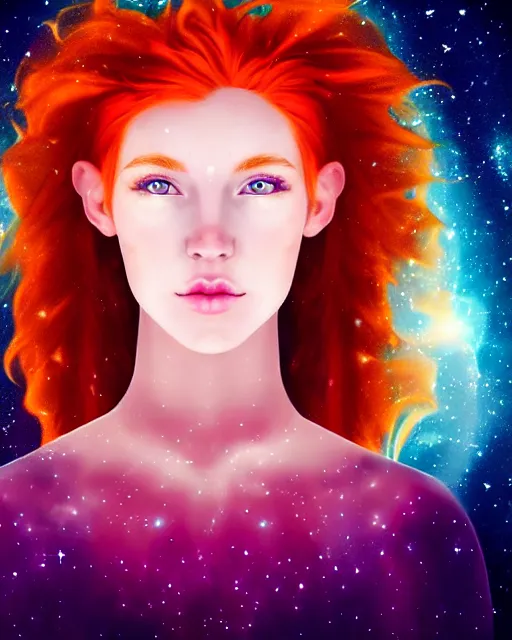 Image similar to space astral portrait of a beautiful girl, red hair, ginger hair, fantasy, glowing skin, smooth face, perfect eyes, half body shot, tarot card