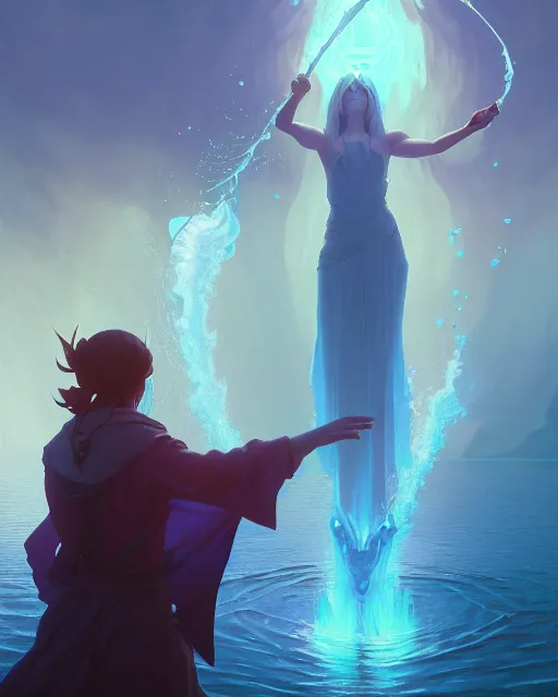 Image similar to highly detailed vfx portrait of a mage casting a water spell, unreal engine, greg rutkowski, loish, rhads, beeple, makoto shinkai and lois van baarle, ilya kuvshinov, rossdraws, tom bagshaw, alphonse mucha, global illumination, detailed and intricate environment