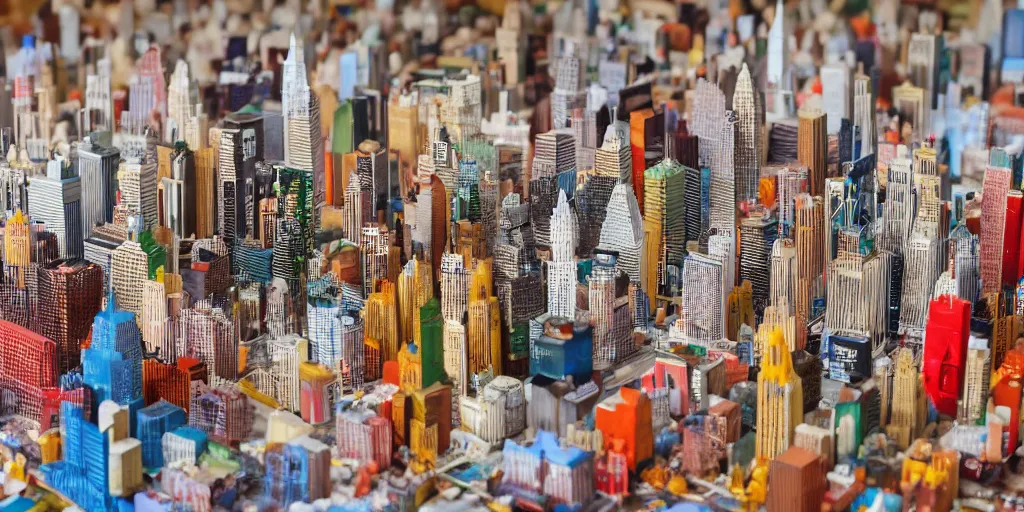 Prompt: a model of manhatten constructed out of fast food cups and packaging, miniature photography, diorama, wide - angle macro lens, art, award - winning, beautiful high resolution