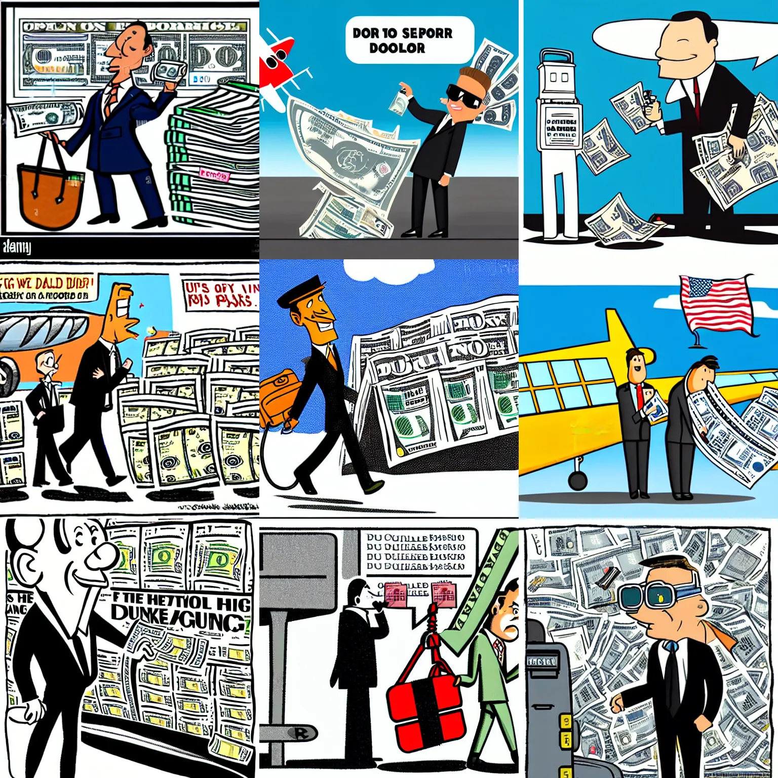 Prompt: well dressed refueling a plane with dollar bills, bags on ground, cartoon,newspaper illustration