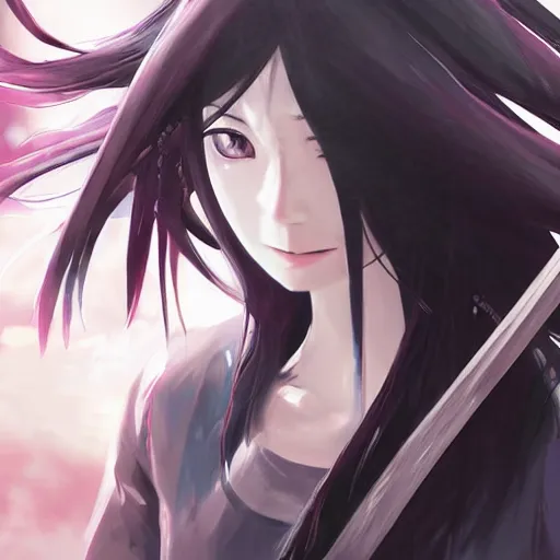 Prompt: advanced digital anime art, girl with silver and red eyes with long black hair wielding a katana , painted by RossDraws in the style of Makoto Shinkai, ,cyberpunk, very high detail, medium sensor , Gaussian blur, f/15 , 35mm —W 1920 —H 1080