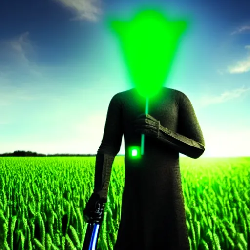 Image similar to an alien is standing in a field with a green lightsaber