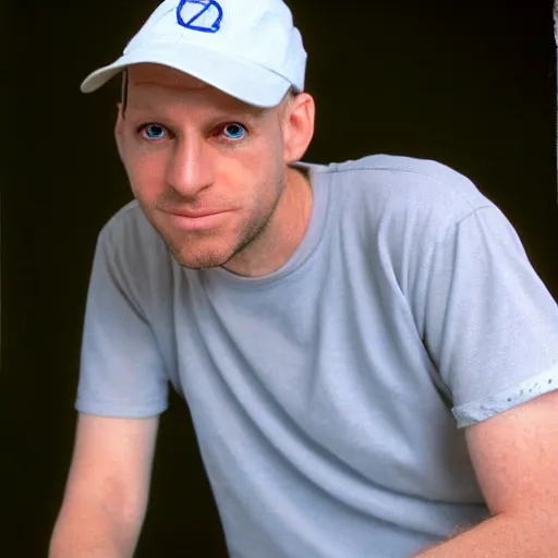 Prompt: color photograph of a 40 year old white Jewish Israeli skinny man with short, curly, blond hair and very small blue eyes, dressed in a white t shirt, gray shorts and a gray cabby cap, with a small mole to the right of his very thin lips, with a straight nose and blond stubble, with a round face, and an earring in the left ear.