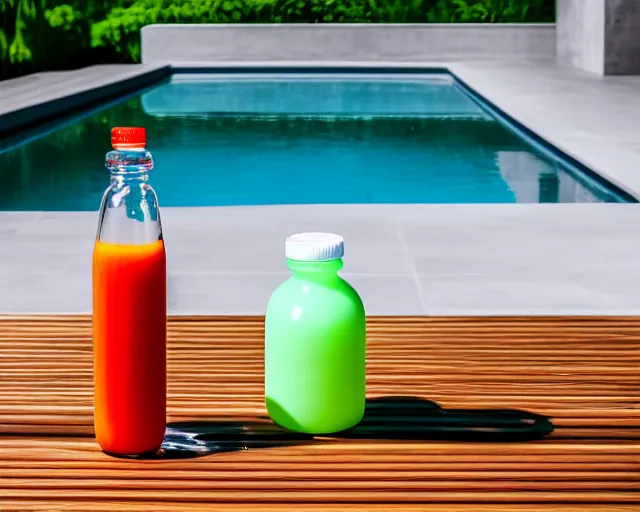 Prompt: 5 5 mm photo of juice bottle on a zen minimalist round white table with gorgeous pool in the background. highly detailed 8 k. intricate. lifelike. soft light,