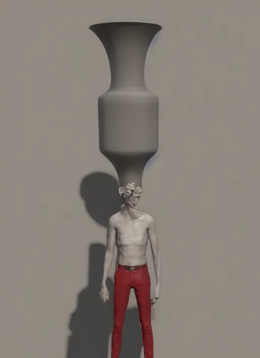 Image similar to a sculpture of a man standing next to a tall vase, a raytraced image by Hikari Shimoda, polycount, video art, vray tracing, ray tracing, rendered in unreal engine