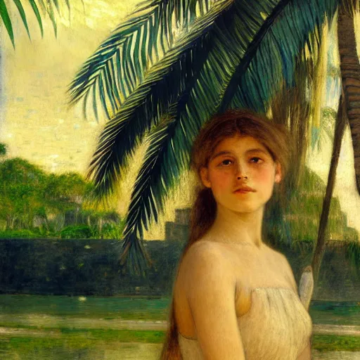 Image similar to a ultradetailed beautiful painting of a girl in the amazonas palace designed by jules bastien - lepage, hans belmer, frank weston and gustave baumann, beach, trending on artstation, mediterranean, palm trees, light sparkles, sharp focus, soft light, 8 k 4 k