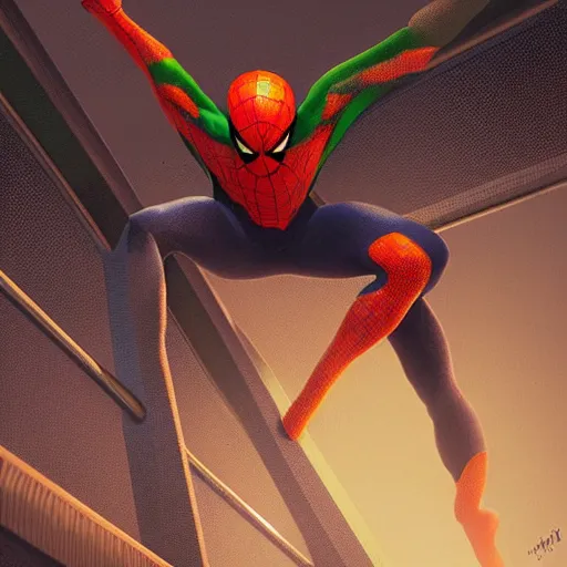 Image similar to moody atmospheric render of an orange and green spiderman by leon tukker