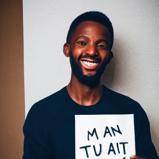 Prompt: man holding a sign that says “ thanks tobi ”, madly grinning, studio light