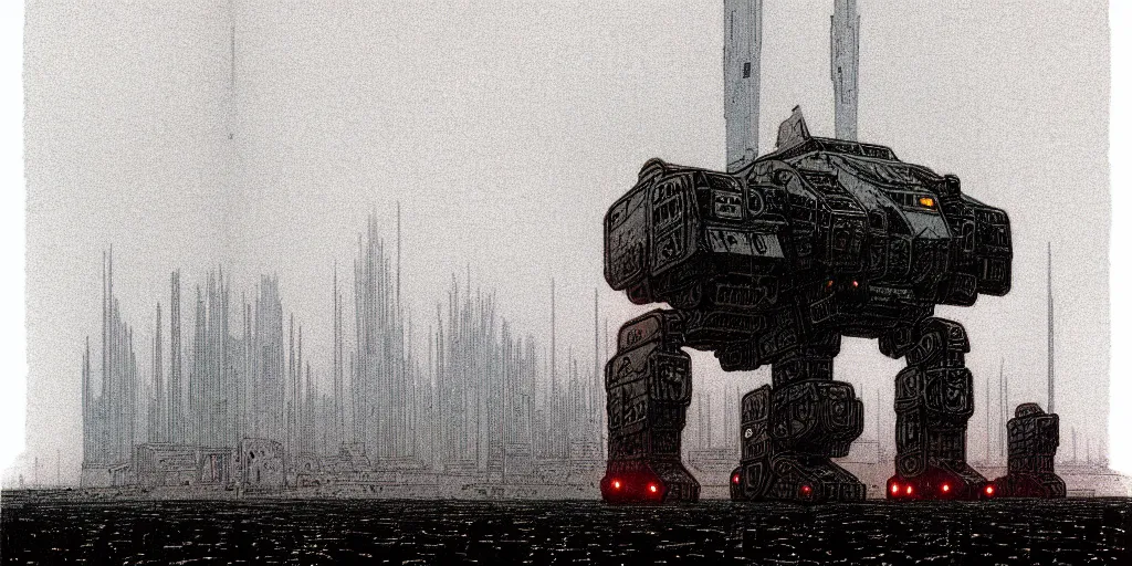 Image similar to grainy risograph matte painting of gigantic huge mech covered with wounds, black, pastel matte colors, staying in the foggy huge hyperrealism, parking station, by moebius, intricate detailed