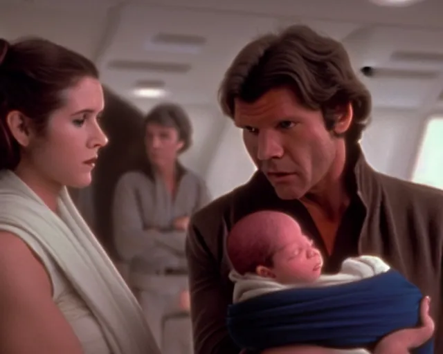 Image similar to screenshot of Han Solo standing next to Princess Leia Organa holding a new born baby in a swaddle, alone, pensive, iconic scene from 1980s Star Wars film directed by Ridley Scott, in a sci fi nursing home architecture, last jedi, 4k HD sharp, cinematic still frame, photoreal, detailed face, moody lighting, stunning cinematography, anamorphic lenses, kodak color film stock