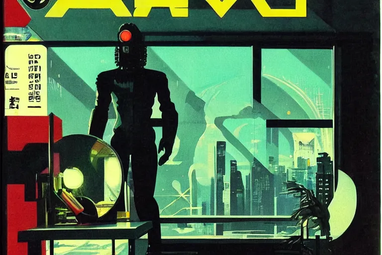 Prompt: 1979 Magazine Cover of an argonian leaning against a red jade desk with a large circular window to neo-Tokyo streets behind him. in cyberpunk style by Vincent Di Fate