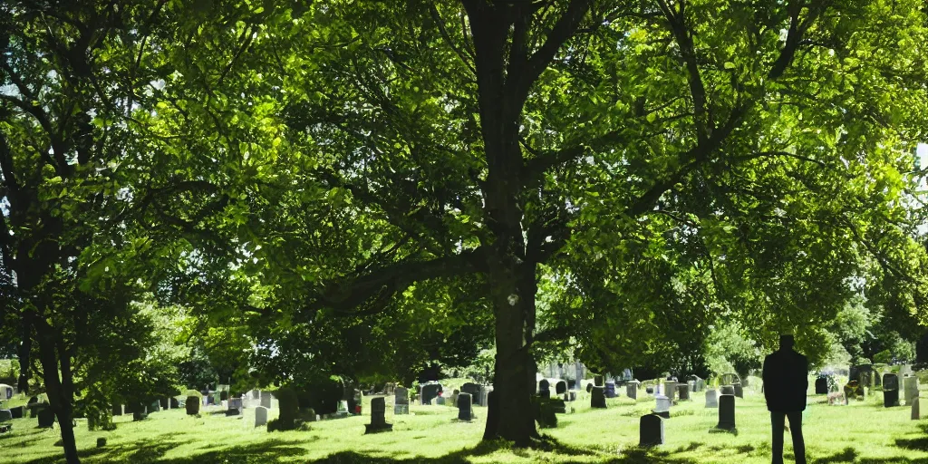 Image similar to Photo of a man in black hidden behind a tree in the cemetery