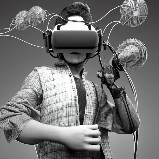 Image similar to rpg character concept art, modular synth musician patching cables, wires flying in the air, wearing a bespoke vr headset designed by demobaza, in the style of jamie hewlett hiroya oku riyoko ikeda, 3 d render, artstation trending, 8 k, octane render, photorealistic, sharp detail, manga, black and white