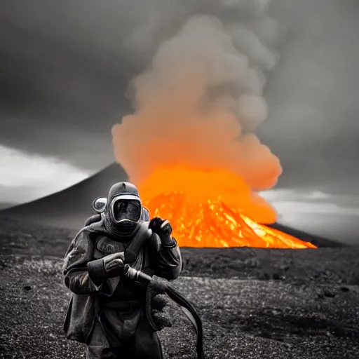 Prompt: A juggernaut soldier with a gasmask standing in front of an erupting volcano, professional photography, black and white, cinematic, eerie