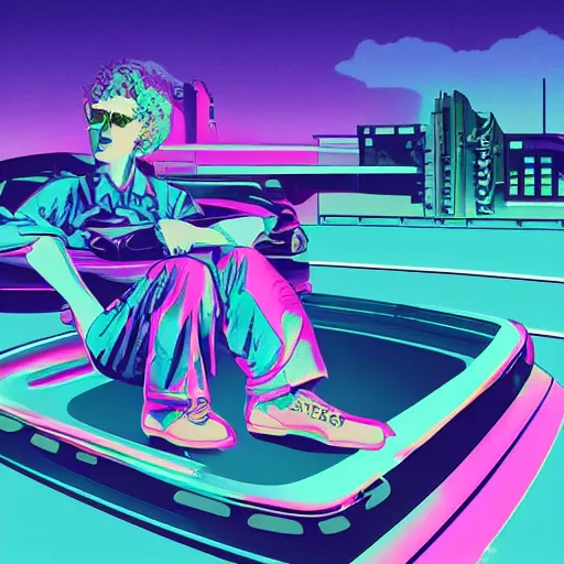 Prompt: lofi vaporwave retro futurism album artwork underground unknown sitting in the back of a police car