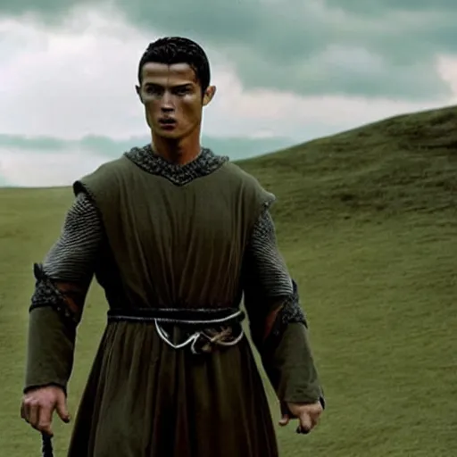 Prompt: a still of cristiano ronaldo in the lord of the rings