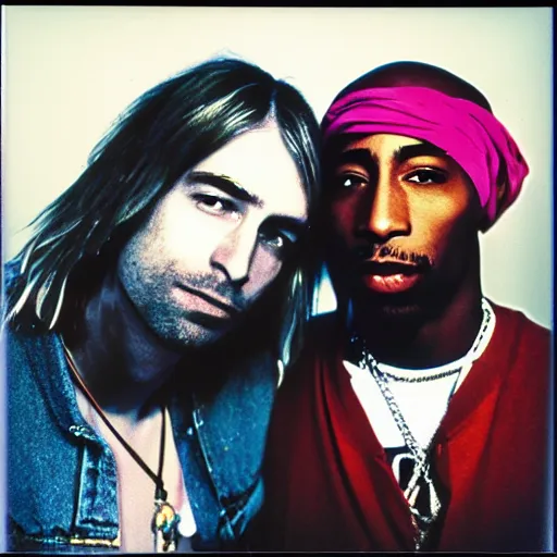 Image similar to Polaroid photograph of Kurt Cobain and Tupac Shakur, XF IQ4, 150MP, 50mm, F1.4, ISO 200, 1/160s, natural light, Adobe Lightroom, photolab, Affinity Photo, PhotoDirector 365,