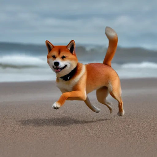 Prompt: a shiba inu running along the beach, digital art