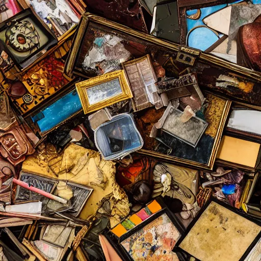 Prompt: A hoard filled with artistic treasures lost to time, ultra-high definition, 4K, museum quality photo