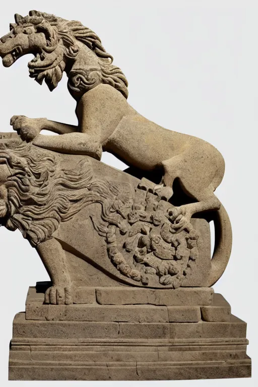 Image similar to ortographic view of a stone sculpture of a lion horse bird chimera sitting on a pedestal with intricate carvings and fine detail