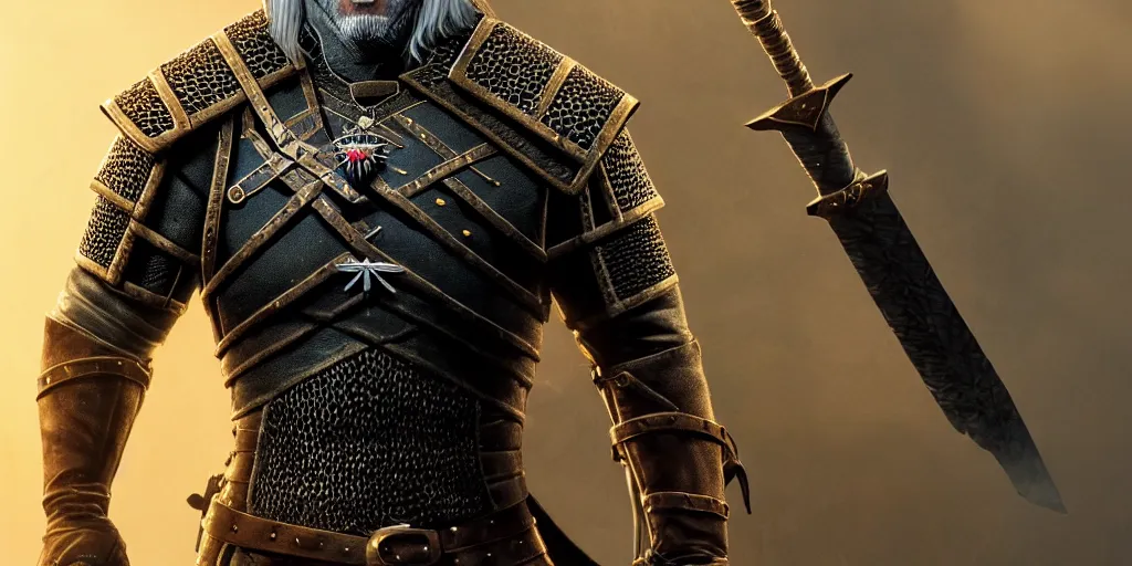 Image similar to geralt of rivia new costume concept design with metal sholders and ornaments on the armor, witcher wild hunt, fashion, colors with gold and dark blue, concept art, by artgerm, greg rutkowski, cinematic light, featured on artstation, octane render, sharp focus, ray tracing, artstationhq, cgsociety, 8 k.