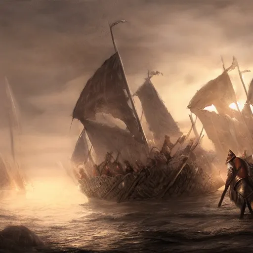 Image similar to knights dismounting off their longship to invade a village, dusk, cinematic, concept art, slight fog, high detail, wide shot, dynamic lighting, sharp focus, high resolution