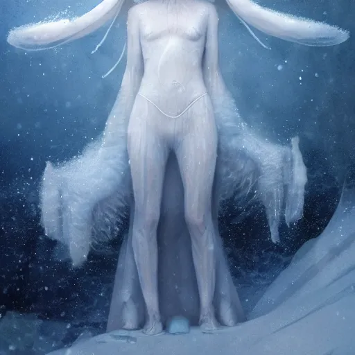 Prompt: a hyperrealistic illustration of a human in the Arctic, white long clothes, snow on the body, blue transparent ice with fractal sunlight, award-winning, masterpiece, in the style of Tom Bagshaw, Cedric Peyravernay, Peter Mohrbacher
