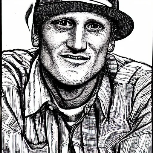 Image similar to a portrait illustration of Woody Harrelson drawn by ROBERT CRUMB