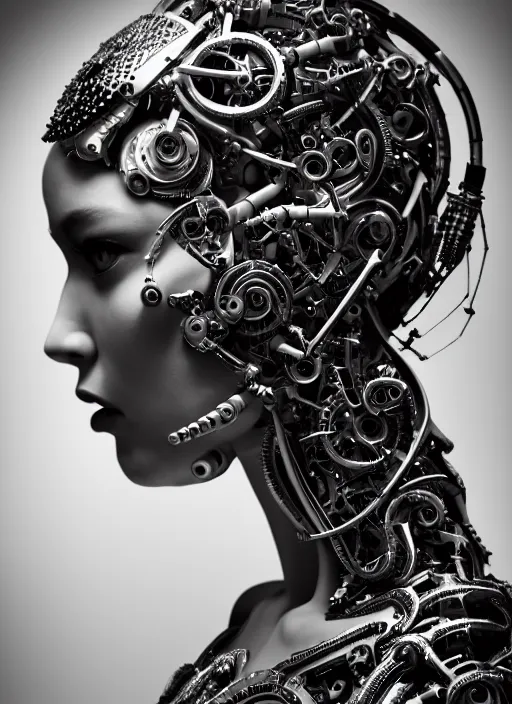 Image similar to a stunning young female cyborg profile face, face is made intricate tribal bio - mechanical, editorial photography, bw, shot on 7 0 mm, depth of field, f / 2. 8, high contrast, 1 6 k, rays of shimmering light, volumetric lighting, shiny, insanely detailed and intricate, hypermaximalist, elegant, ornate, hyper realistic, super detailed