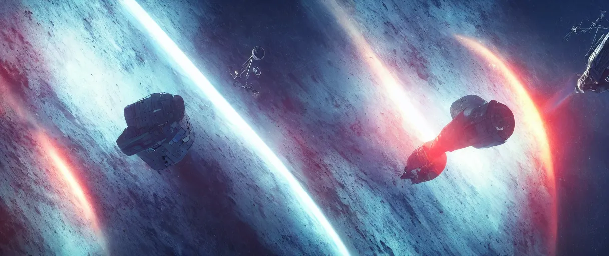 Image similar to illustration, a single small spaceship, deep space exploration, alone, the expanse tv series, industrial design, battlestar galactica tv series (2004), cinematic lighting, 4k, greebles, widescreen, wide angle, sharp and blocky shapes, hubble photography, the final frontier, beksinski, neon lights