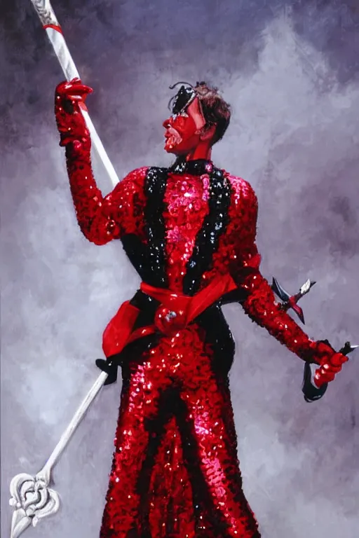 Prompt: Lord Licorice in a red and black sequins gown holding a peppermint sword, painting by Mark Brooks