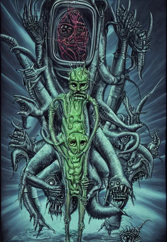 Image similar to subgenius, x - day, aliens, weird stuff, occult stuff, devil stuff, the movie the thing, muted colors, hyperrealism, dramatic lighting
