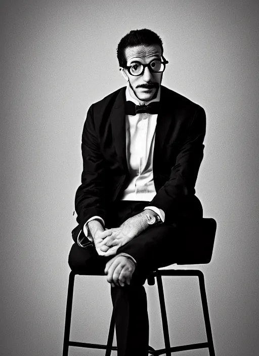 Prompt: black and white, studio photograph of a male italian artist wearing glasses sitting on a stool, anxiety and depression, intricate, elegant, highly detailed, hyper realistic, dark background, flickr, smooth, sharp focus, shot by national geographic