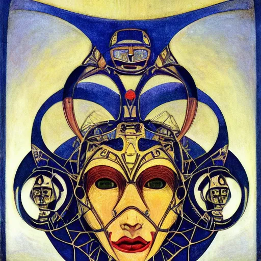 Prompt: the robot in her intricate mechanical mask, by annie swynnerton and diego rivera and kit williams and leo and diane dillon, symbolist, dramatic lighting, elaborate geometric ornament, art brut, god rays, soft cool colors, smooth, sharp focus, extremely detailed, adolf wolfli