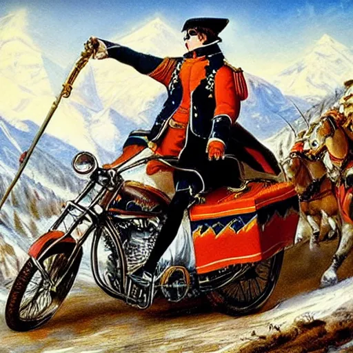 Prompt: napoleon crossing the alps on a harley davidson