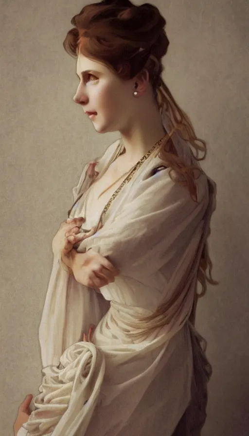 Image similar to elegant, cute girl portrait with open chest white ancient clothes by Alphonse Mucha, and Octane Render