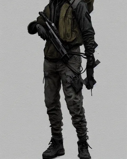 Image similar to Medium shot of a character wearing techwear in the style of greg rutkowski