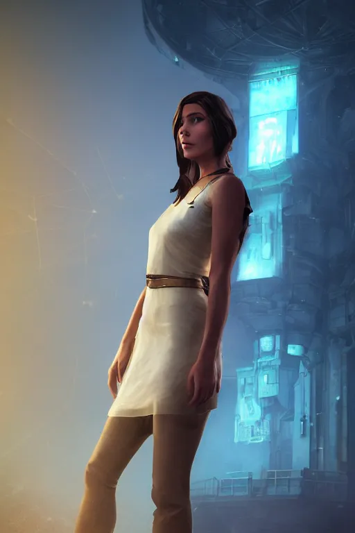 Image similar to Ellie Conrad-Leigh as Zoe the female character from videogame Dreamfall Chapters, photorealism, full body, white ambient background, unreal engine 5, hyperrealistic, highly detailed, XF IQ4, 150MP, 50mm, F1.4, ISO 200, 1/160s, natural light, Adobe Lightroom, photolab, Affinity Photo, PhotoDirector 365, realistic