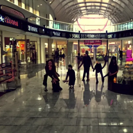Image similar to security camera footage of a witch performing a complex ritual in the middle of a mall, eerie light