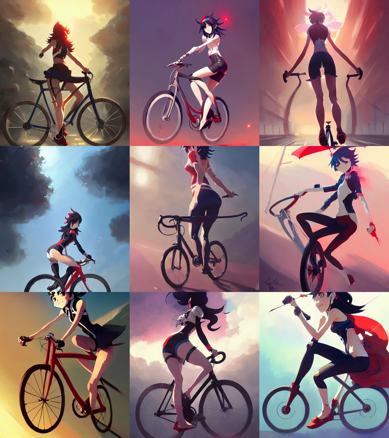 Prompt: Matoi Ryuko rides a bike, hourglass slim figure, seductive smile, details, sharp focus, illustration, by Jordan Grimmer and greg rutkowski, Trending artstation, pixiv, digital Art