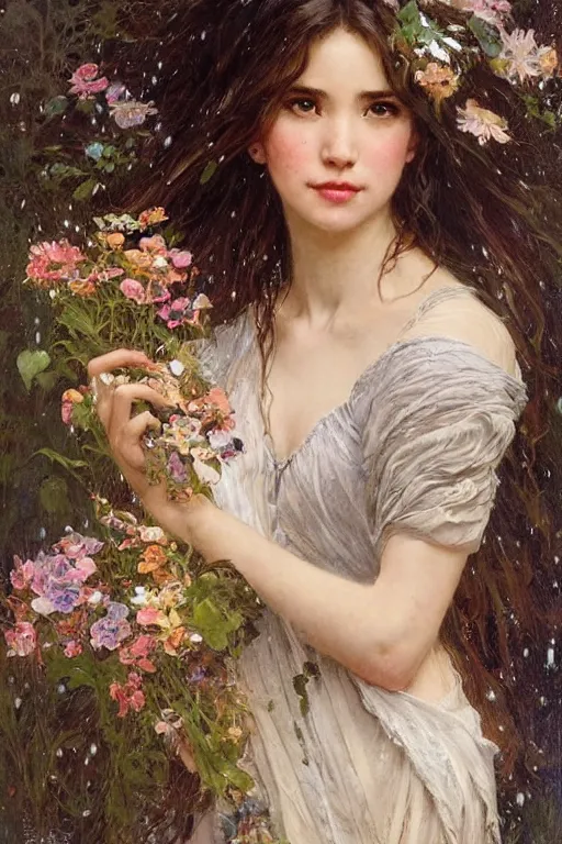 Image similar to portrait of a beautiful mysterious woman holding a bouquet of flowing flowers, wet dripping long hair, hands hidden from view, emerging from the water, fantasy, regal, intricate, by stanley artgerm lau, greg rutkowski, thomas kindkade, alphonse mucha, loish, norman rockwell